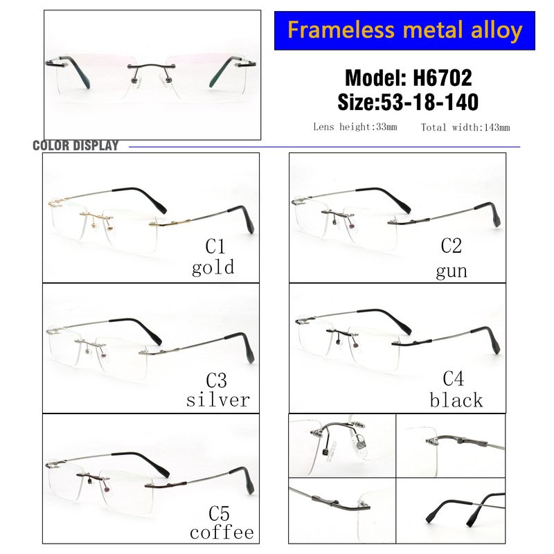 Stock Square rimless Custom prescription glasses High quality flex beta Memory titanium eyeglasses optical frames