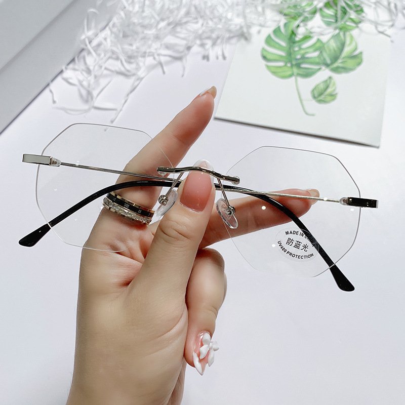 2024 High End Rimless Anti-Blue Light Glasses Fashion Octagonal Polygonal Flat Sunglasses
