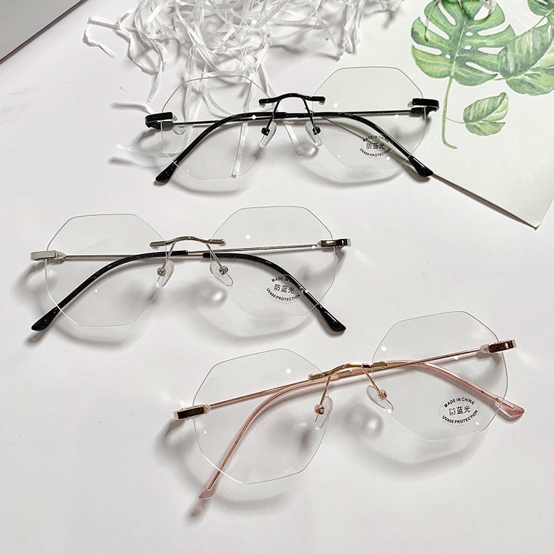 2024 High End Rimless Anti-Blue Light Glasses Fashion Octagonal Polygonal Flat Sunglasses