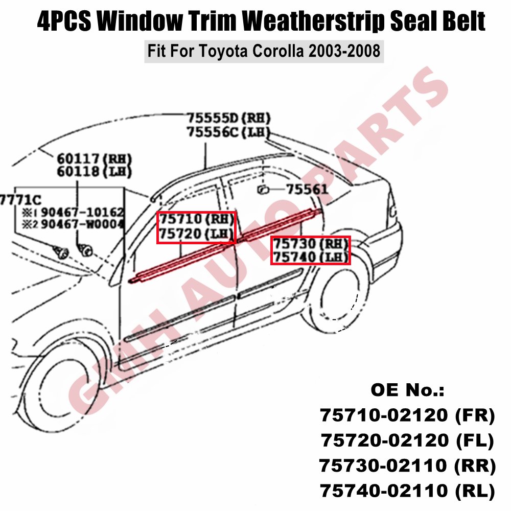 Black Chromed Plastic Trim Car Outside Window Moulding Weatherstrip Seal Belt for Toyota Corolla 2003-2008