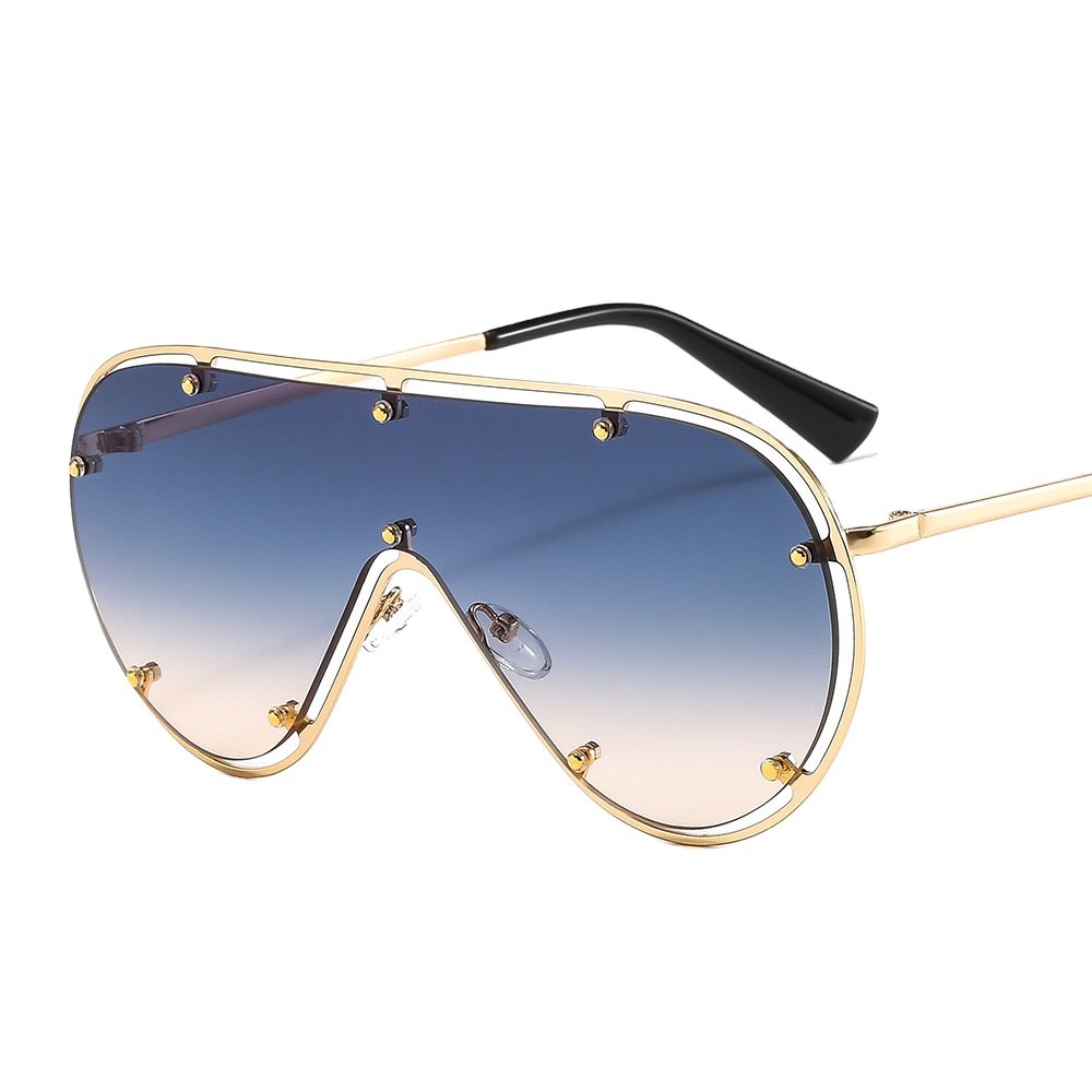 2024 New Luxury Brand One Piece Rivet Sunglasses For Women Vintage Alloy Gradient Flat Sun Glasses Men Retro Shield Uv400 Shades