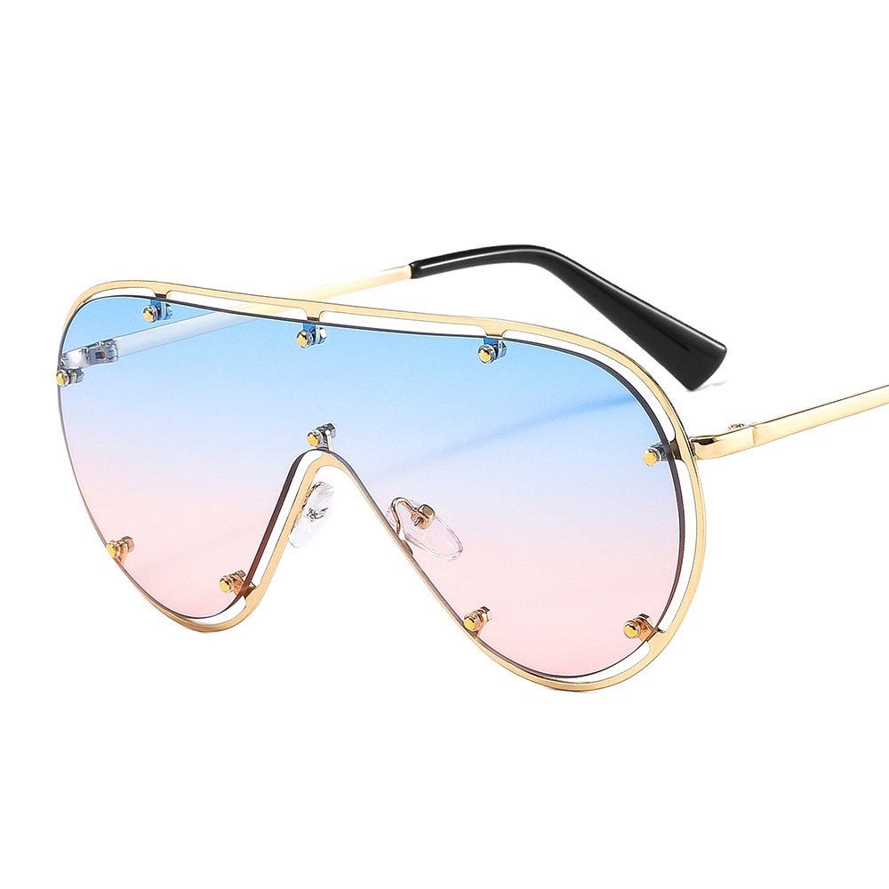 2024 New Luxury Brand One Piece Rivet Sunglasses For Women Vintage Alloy Gradient Flat Sun Glasses Men Retro Shield Uv400 Shades