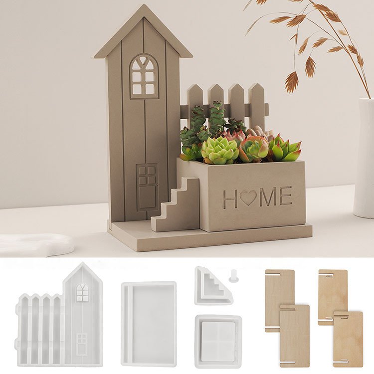 YS Cement House Fence Silicone Molds Flower Garden Pot Gypsum Candle Cup Mirror Mold Desktop Ornaments Storage Jar Resin Mould