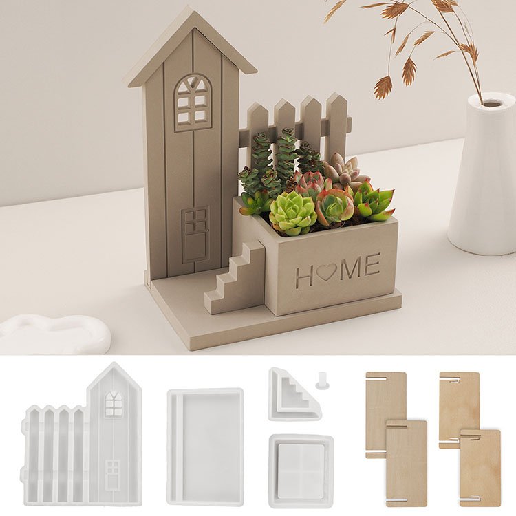 YS Cement House Fence Silicone Molds Flower Garden Pot Gypsum Candle Cup Mirror Mold Desktop Ornaments Storage Jar Resin Mould