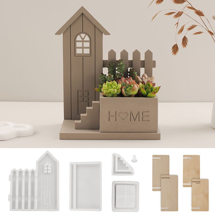 YS Cement House Fence Silicone Molds Flower Garden Pot Gypsum Candle Cup Mirror Mold Desktop Ornaments Storage Jar Resin Mould