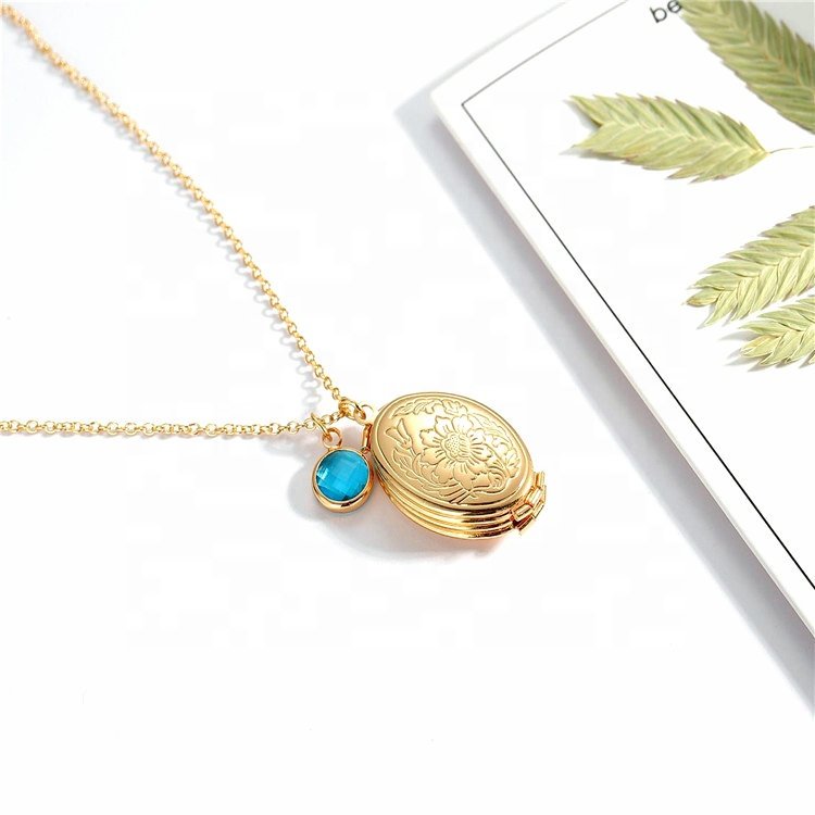 Folding photo box necklace 4 photos locket necklace blue birthstone necklace oval shape Locket