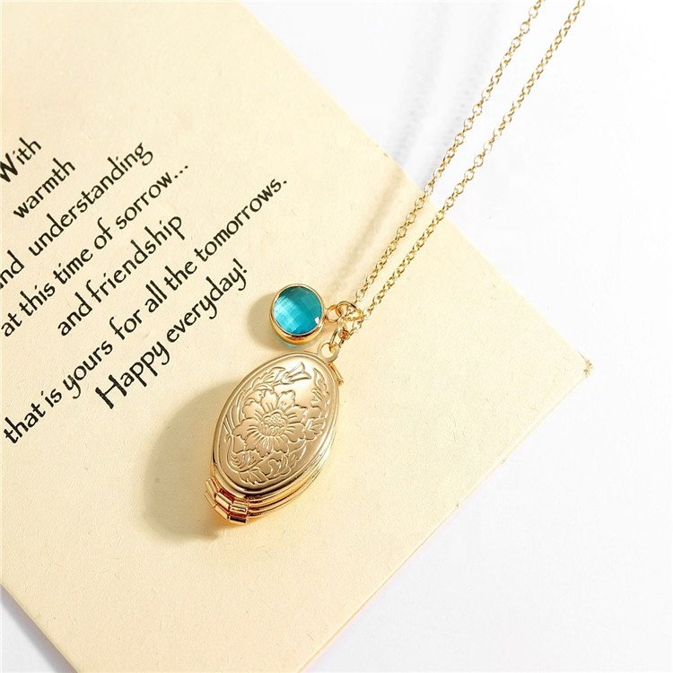 Folding photo box necklace 4 photos locket necklace blue birthstone necklace oval shape Locket