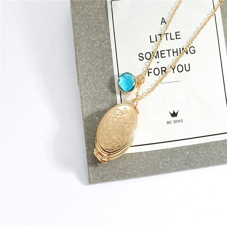 Folding photo box necklace 4 photos locket necklace blue birthstone necklace oval shape Locket