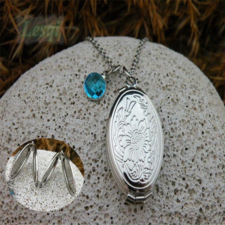 Folding photo box necklace 4 photos locket necklace blue birthstone necklace oval shape Locket