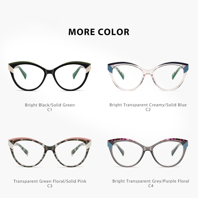 Crystal Clear Cat-Eye Glasses Acetate Modern Frame with Colored Wing Accents Lightweight Anti Blue Light Optical Frames