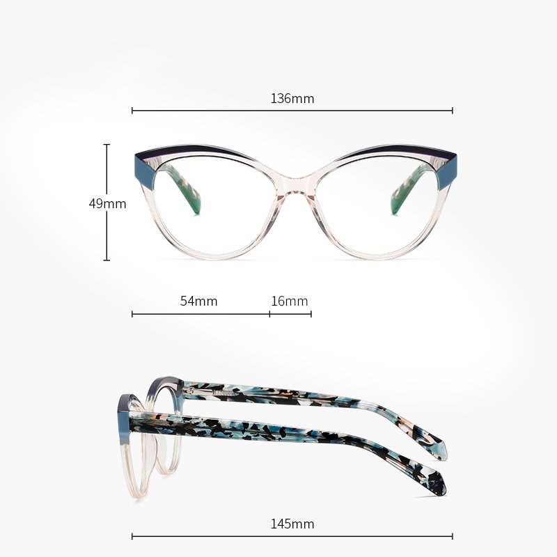 Crystal Clear Cat-Eye Glasses Acetate Modern Frame with Colored Wing Accents Lightweight Anti Blue Light Optical Frames