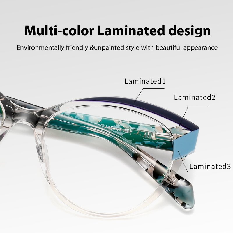 Crystal Clear Cat-Eye Glasses Acetate Modern Frame with Colored Wing Accents Lightweight Anti Blue Light Optical Frames
