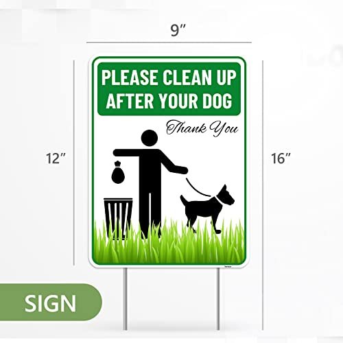 Clean Up After Your Dog Sign with Stakes, 9 Inches by 12 Inches - Corrugated Plastic - Please Pick Up Your Dog Poop Yard Grass
