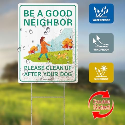 Please Clean Up After Your Dog Sign, No Pooping Dog Lawn Sign,Keep Off Grass Sign 12" x 9" with Metal H-Stakes