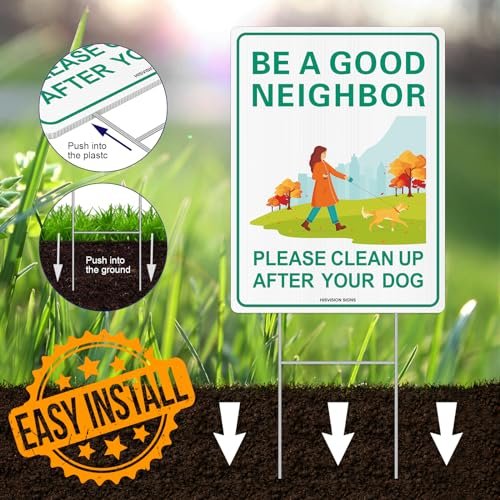 Please Clean Up After Your Dog Sign, No Pooping Dog Lawn Sign,Keep Off Grass Sign 12" x 9" with Metal H-Stakes