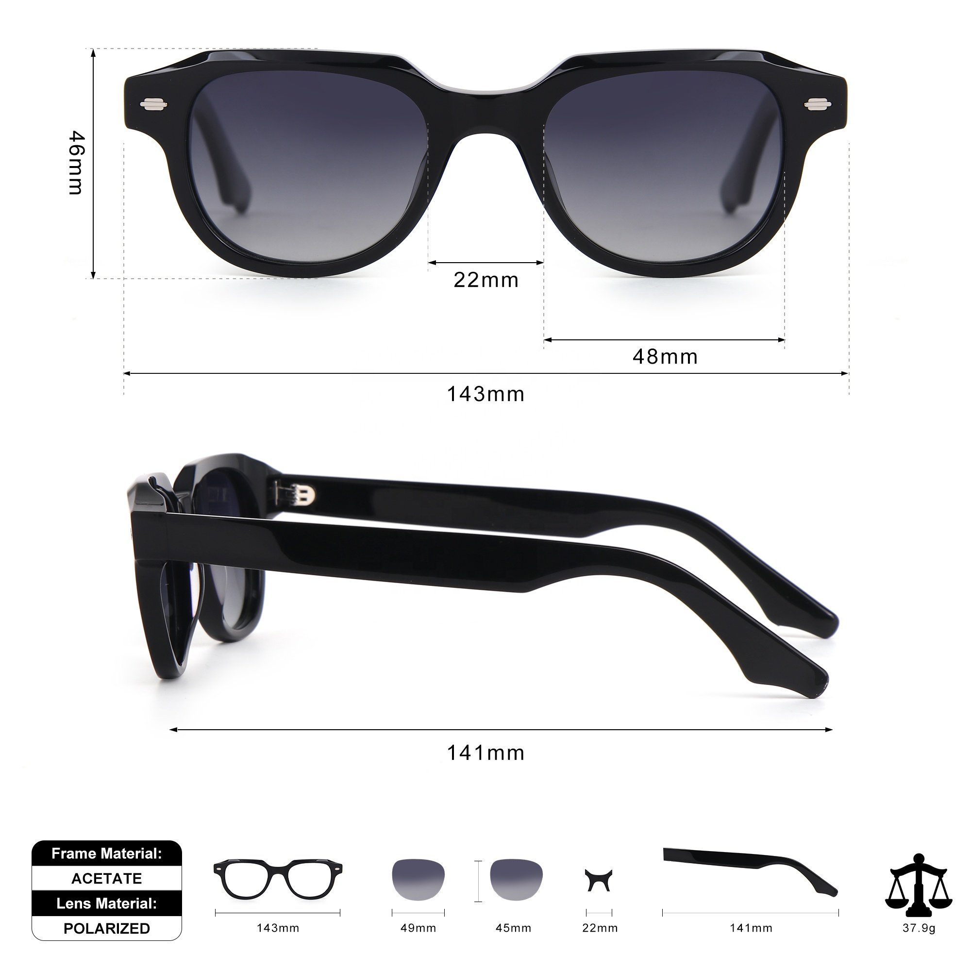 Stylish Streetwear Modern Cool Clear Luxury Eyewear Round Sunglasses Polarized High End Customizable Acetate Sunglasses for Men