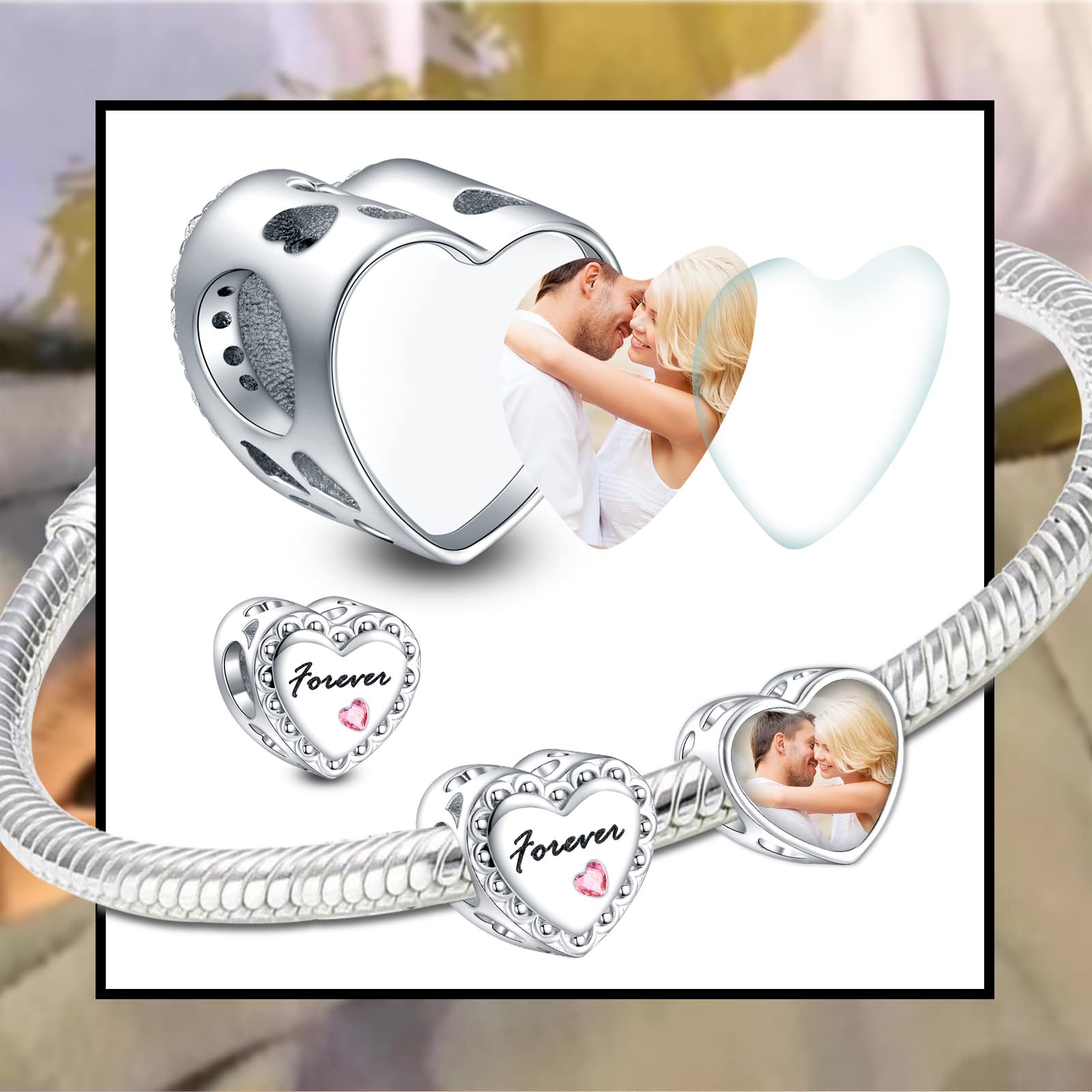 Shuozhen host sales Copper custom l heart-shaped photo frame photo beaded pendant jewelry