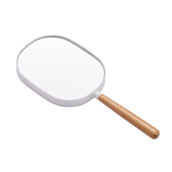 Custom Logo Eco-friendly Oval Elegant White Portable Plastic Frame Mirror Wooden Handle Hand Held Vanity Mirror