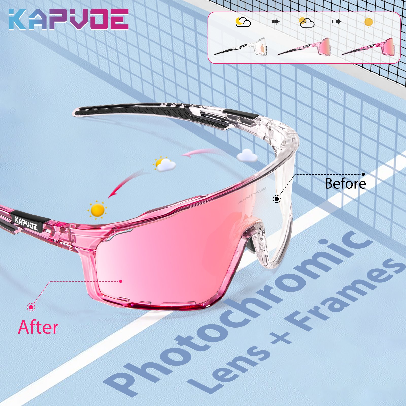 KAPVOE new design photochromic frame with photochromic lens outdoor cycling sports uv400 protection adjustable nose pads unisex