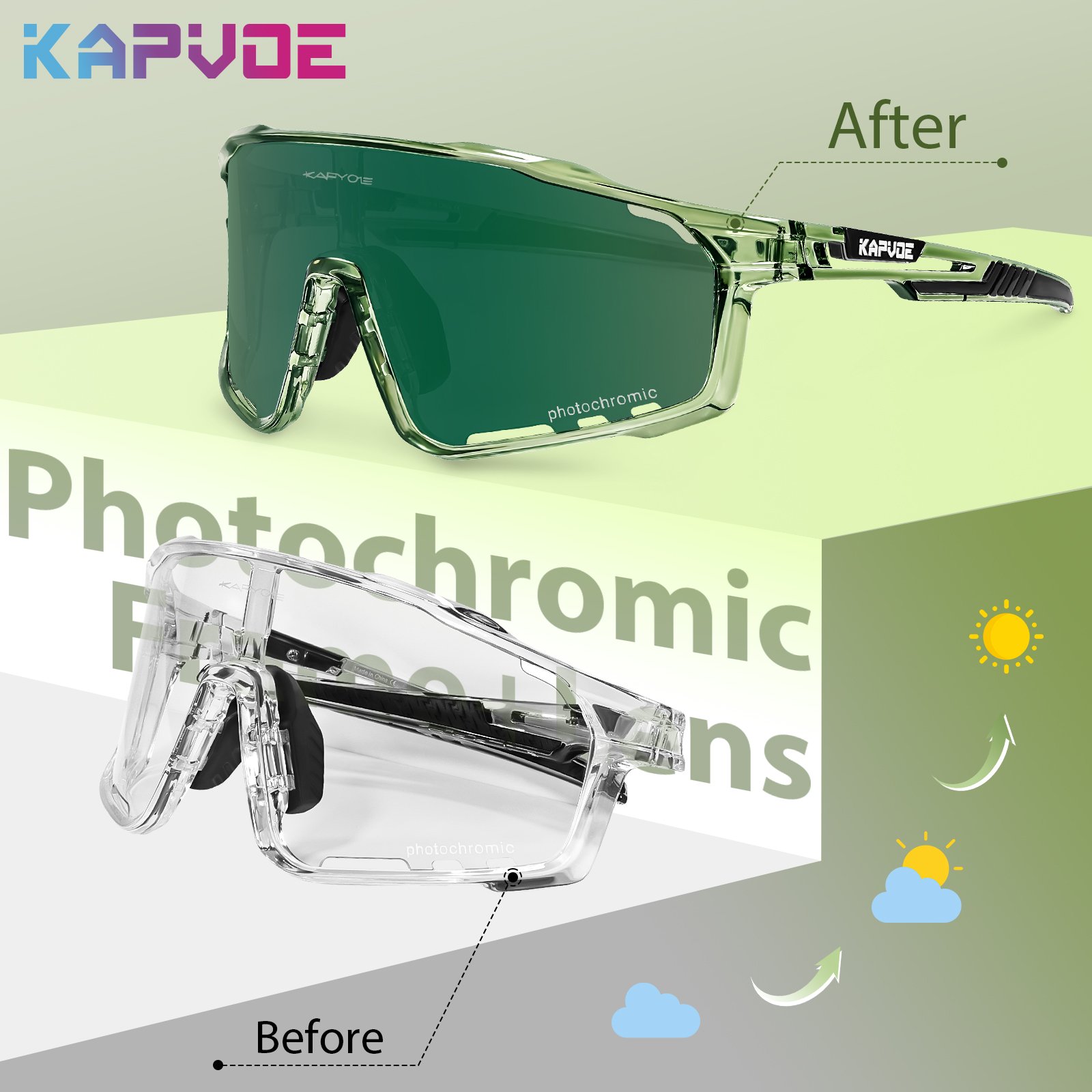 KAPVOE new design photochromic frame with photochromic lens outdoor cycling sports uv400 protection adjustable nose pads unisex