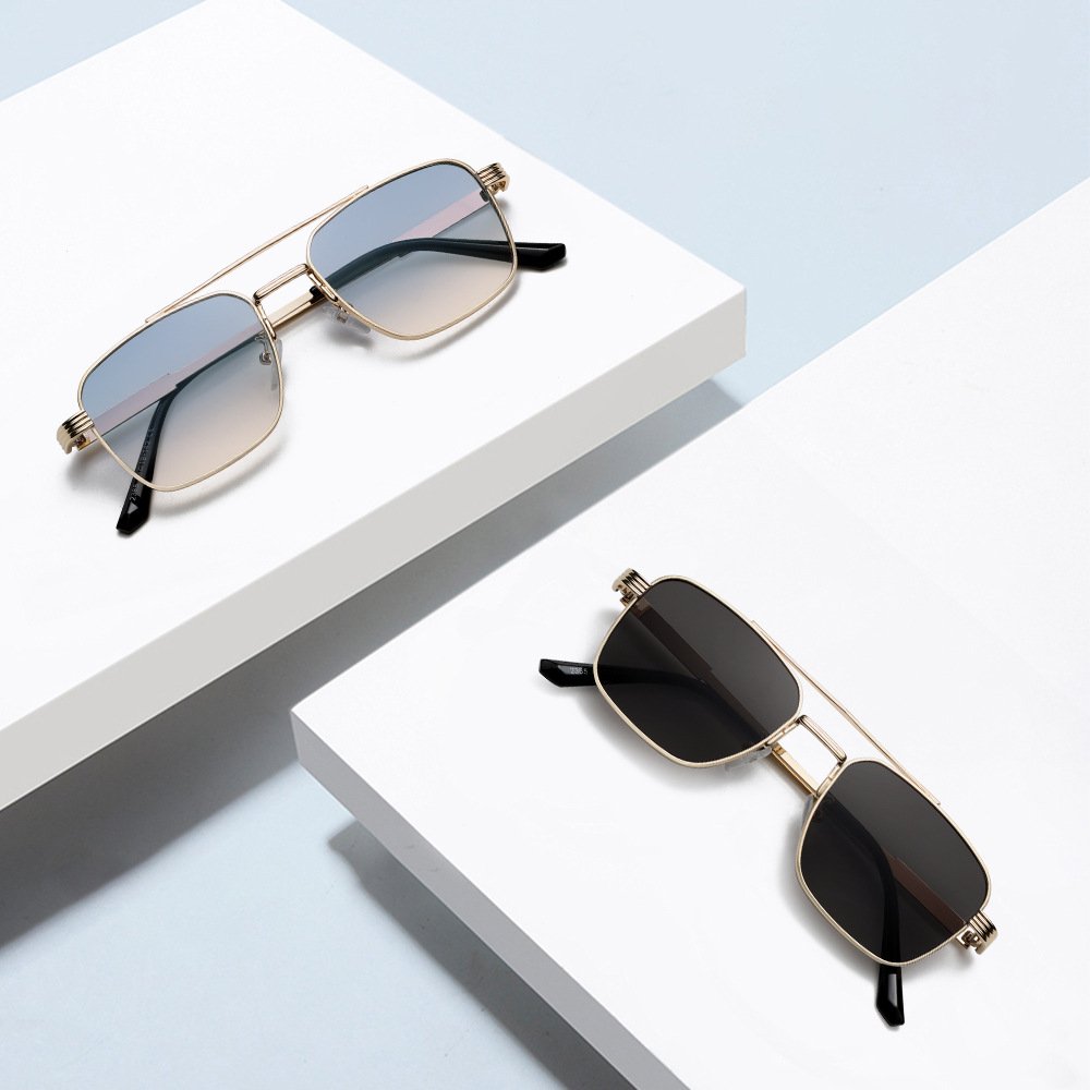 2024 Luxury New Fashion Premium Men Women Custom Sunglasses Gradient Lens Square Metal Frame Double Bridge Sunglasses