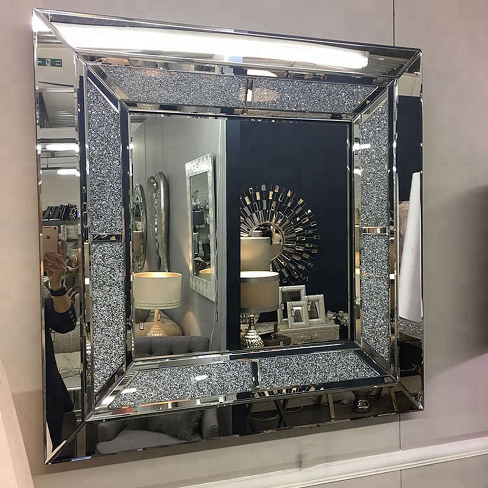 Luxury Square crushed Diamond decorative Wall Mirror framed mirror OEM