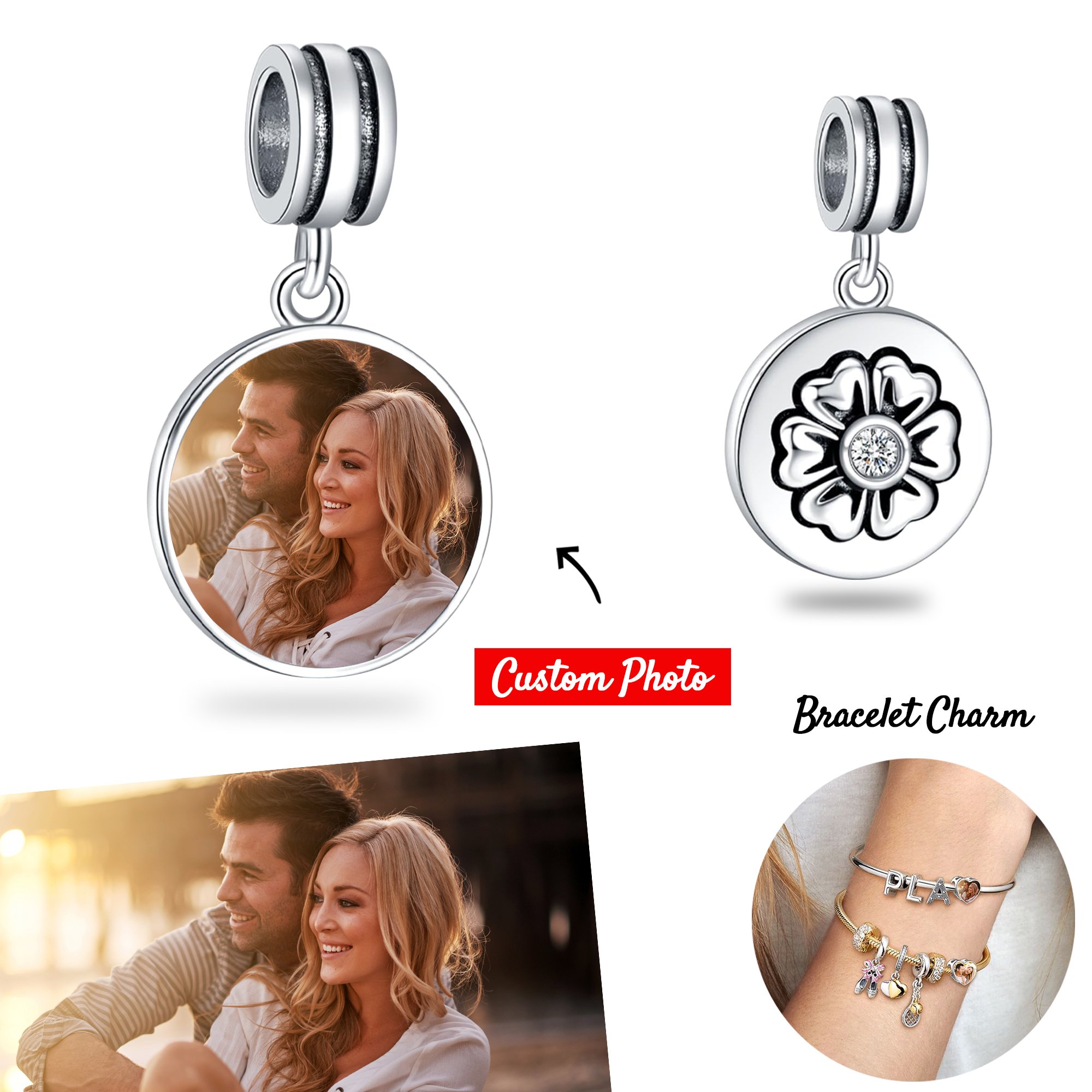 Shuozhen host sales 925 Sterling Silver Round Engraving Picture Circular Frame DIY Photo Charm Bead