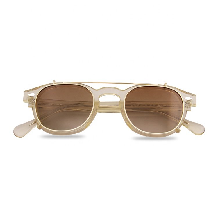 Round Clip On Sunglasses Frame High Standard Acetate Frame With Metal Clip On Sunglasses