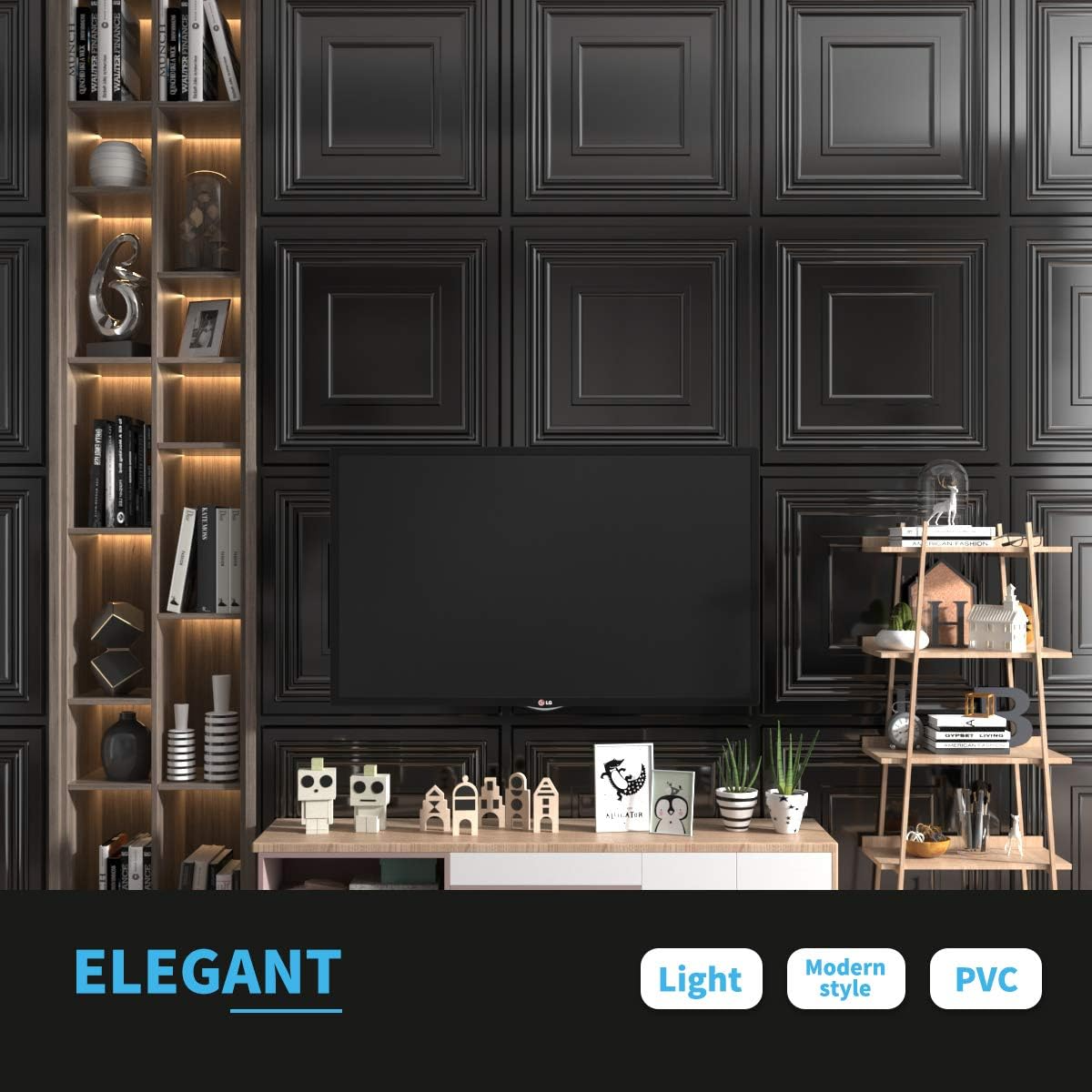 UDK Factory Price PVC Square Frames pattern 3D Wall Panel for Interior Wall Decoration Easy to Install Matte Black