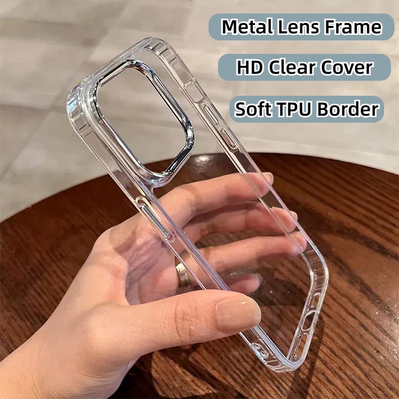 Metal Lens Frame TPU Anti-yellow Cover for iPhone 16 Pro Max 15 14 13 Clear Anti-shock Transparent Case for Mobile Phone Cases
