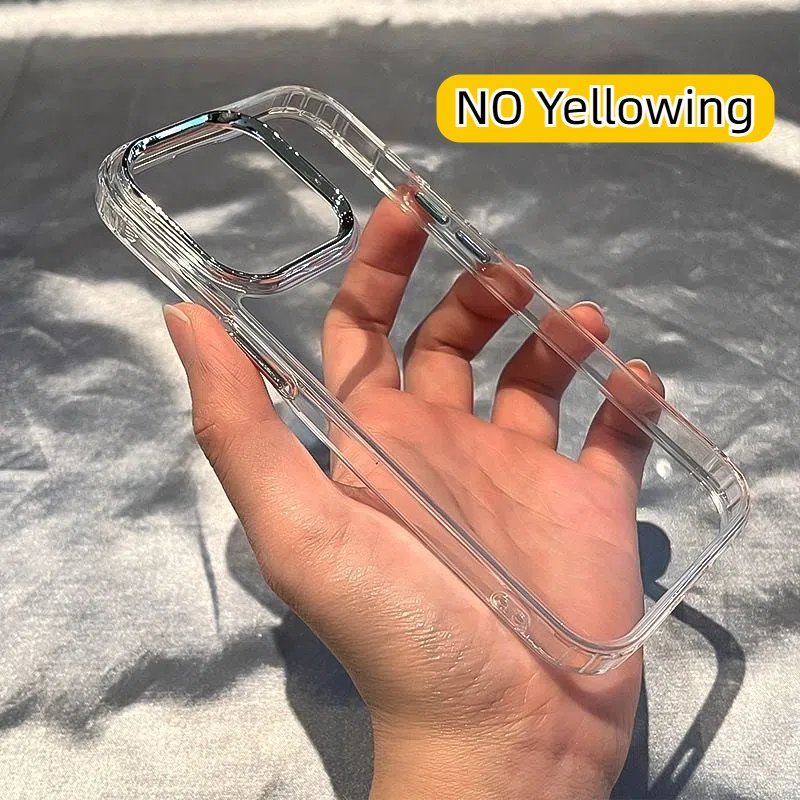 Metal Lens Frame TPU Anti-yellow Cover for iPhone 16 Pro Max 15 14 13 Clear Anti-shock Transparent Case for Mobile Phone Cases