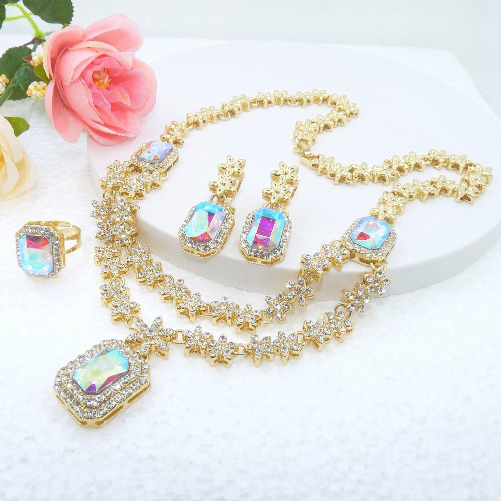 Jewelry Set for Women, Necklace Dangle Earrings Bracelet Set, Gold Plated Cubic Zirconia,Wedding Party Jewelry Bridal Bridesmaid