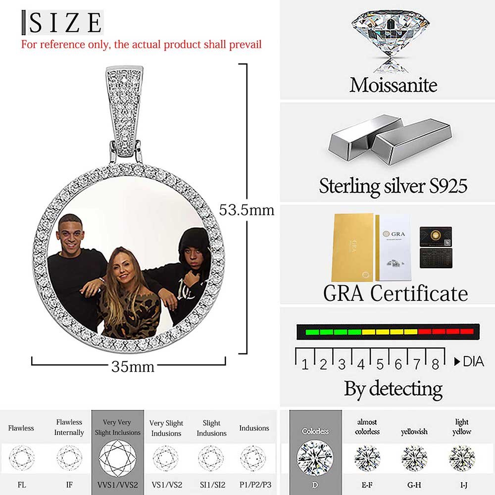 Nuoya Hight Quality VVS Moissanite Photo Pendant 925 Sterling Silver Custom Round Photo Frame Pendant