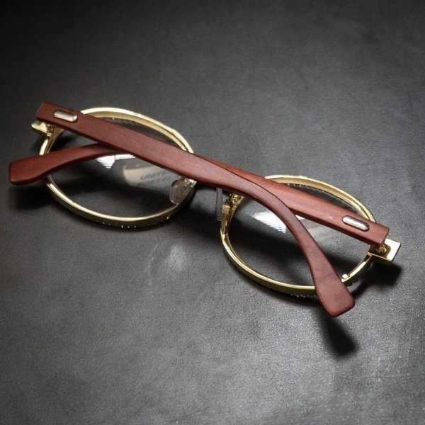 Clear Lens Wood Frame Round Vintage 14K Gold Hip Hop Iced Glasses For Men