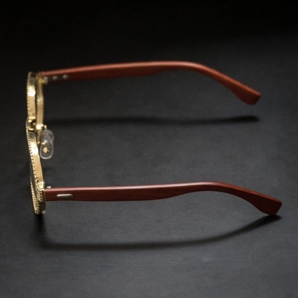 Clear Lens Wood Frame Round Vintage 14K Gold Hip Hop Iced Glasses For Men