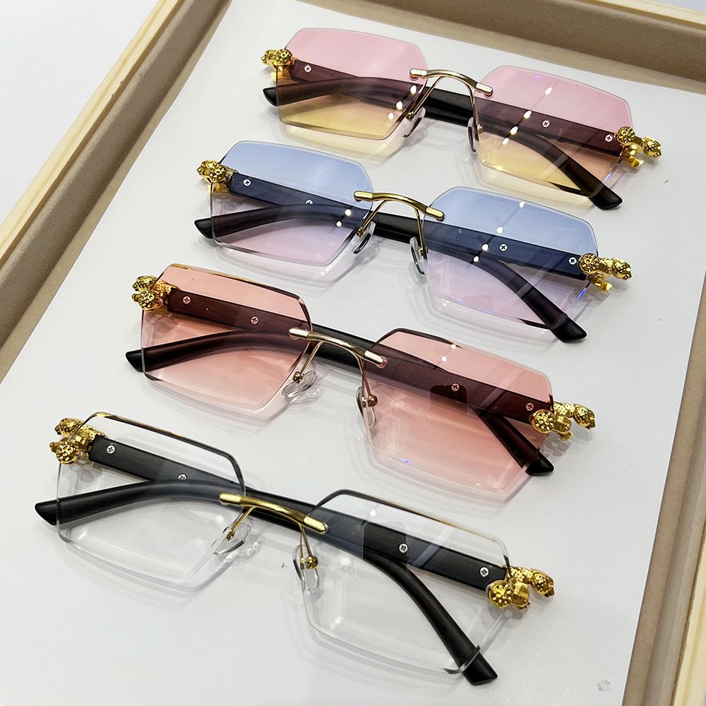50409 2024 New Frameless Rimless Sunglasses Popular Square Cut Edge Leopard Cheetah PC Fashion Sunglasses