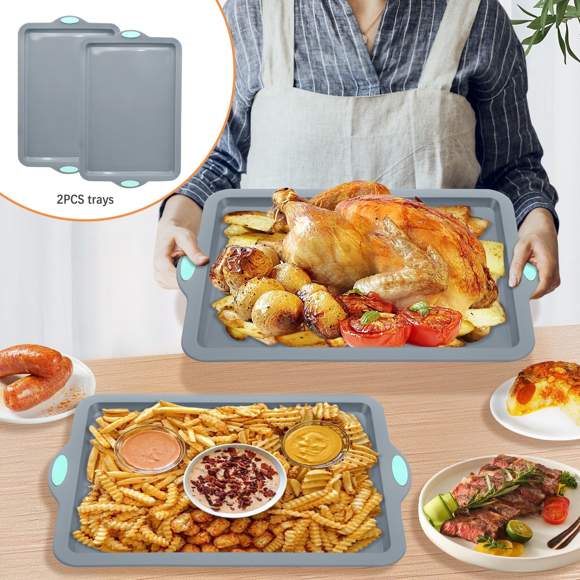 Large Bicolor Metal Frame Rectangular Silicone Baking Tray Essential Flat Bottom Cooking Tool for Baking Cake Cookie Bread