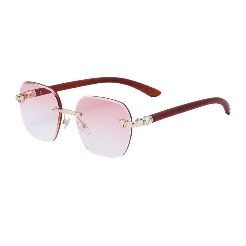 2024 trendy new cut edge rimless retro leopard head Wood-like grain temple sunglasses wholesale