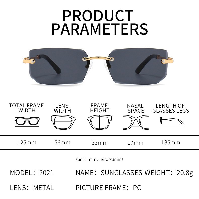 Newest Frameless Small Square UV400 Sun Glasses Candy Color Style PC Leg Metal Frame Fashion Design Custom Women Sunglasses