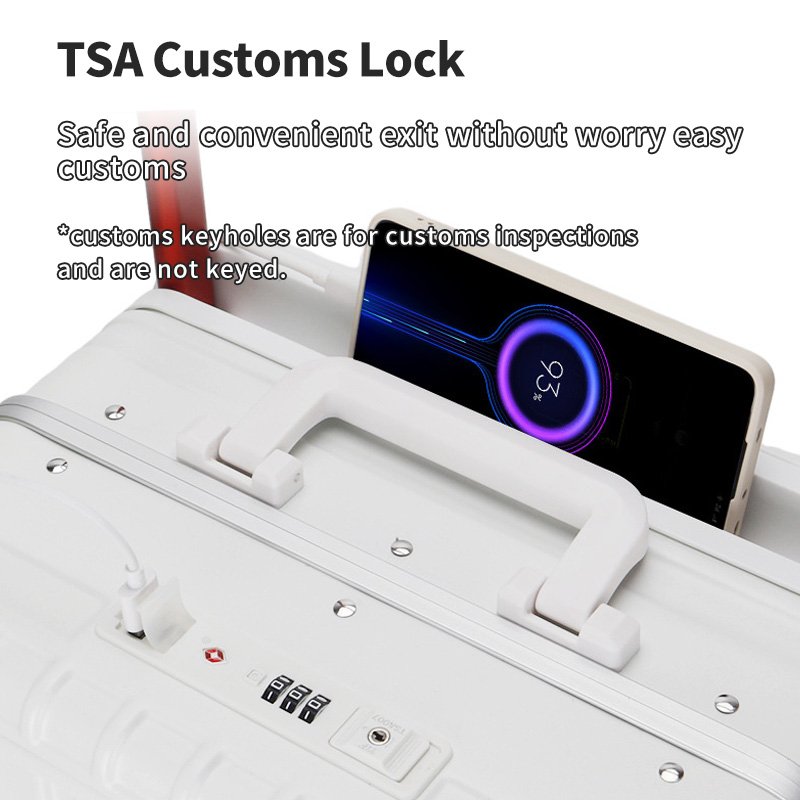 2024 Factory New Design 100% PC TSA Lock Trolley Luggage with Wide Handle Front Opening Bags with Cup Holder USB Suitcase