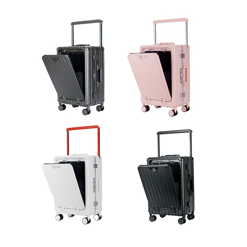 2024 Factory New Design 100% PC TSA Lock Trolley Luggage with Wide Handle Front Opening Bags with Cup Holder USB Suitcase