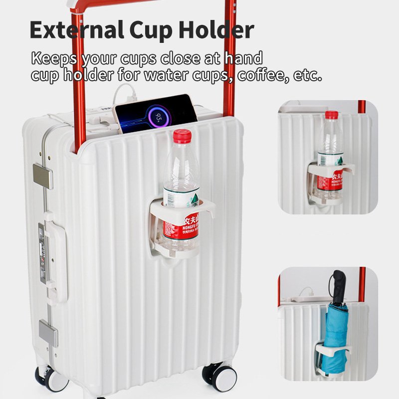 2024 Factory New Design 100% PC TSA Lock Trolley Luggage with Wide Handle Front Opening Bags with Cup Holder USB Suitcase