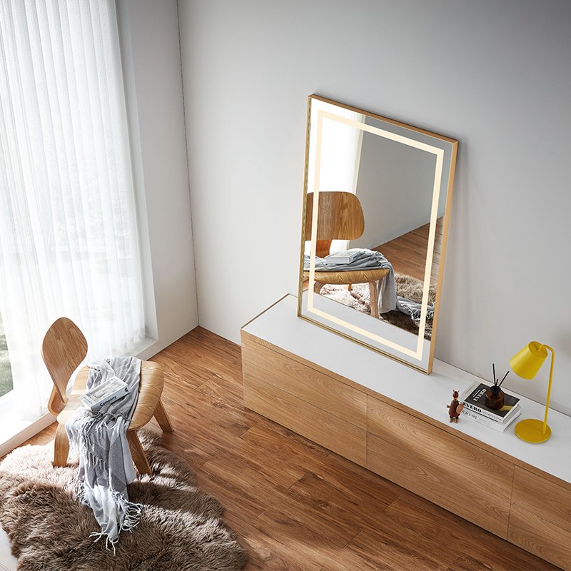 Modern Large Size Bathroom Minimalist Rectangular Wall Mounted Lighted Mirror Aluminium Brass Frame Rectangular Bathroom Mirror