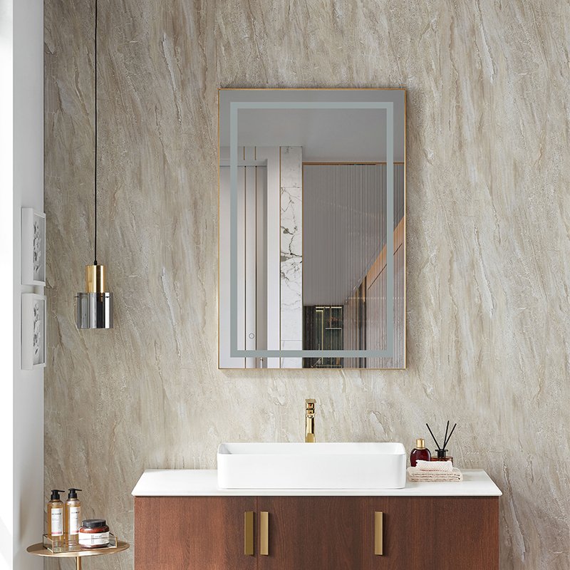 Modern Large Size Bathroom Minimalist Rectangular Wall Mounted Lighted Mirror Aluminium Brass Frame Rectangular Bathroom Mirror
