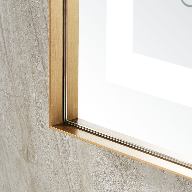 Modern Large Size Bathroom Minimalist Rectangular Wall Mounted Lighted Mirror Aluminium Brass Frame Rectangular Bathroom Mirror
