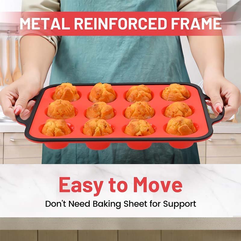 12 Cups Nonstick Metal Reinforced Frame Silicone Muffin Pan for Baking Homemade Muffins