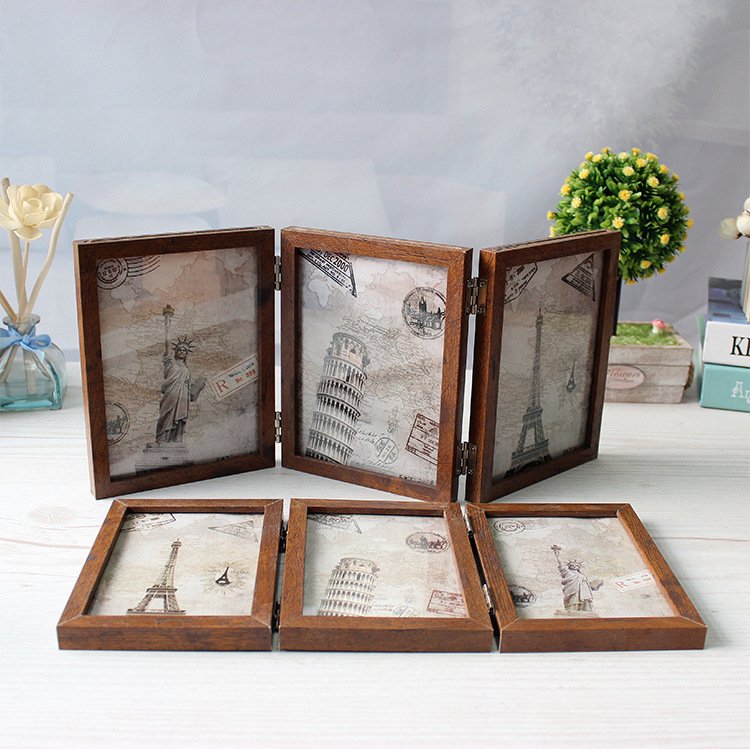 Wooden photo frame folding six-sided glass photo frame set up retro American creative combination like photo frame decoration