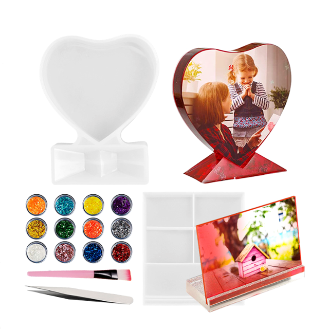 DLR083 Wholesale DIY 4 size heart shaped square picture photo frame Mirror epoxy resin silicone molds