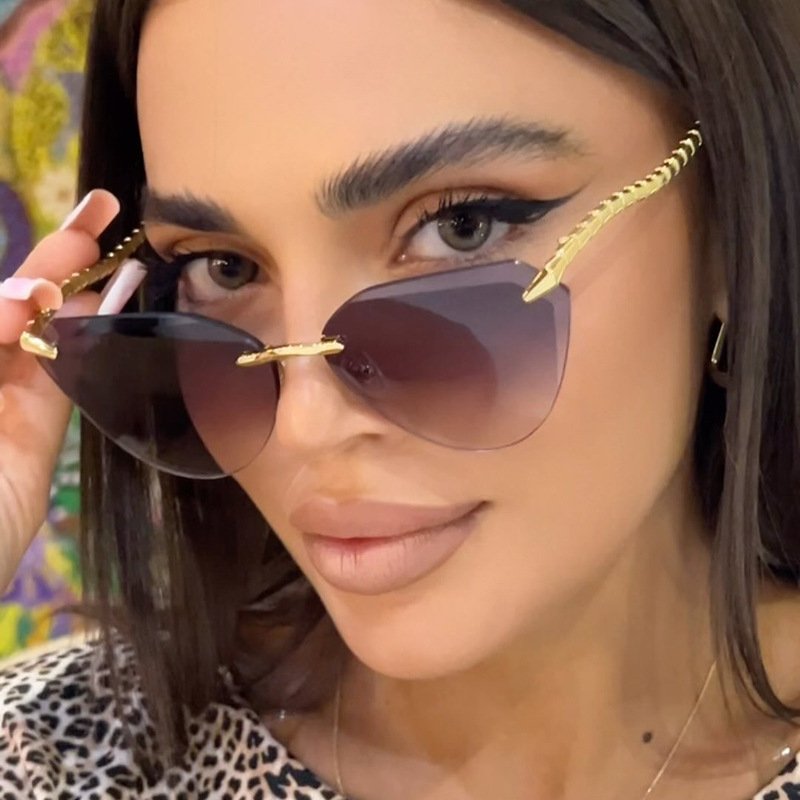 Finewell Fashion Rimless Cat Eye Sunglasses Women 2024 High Quality Gradient Shades Luxury Unique Snake Metal Chain Legs Eyewear