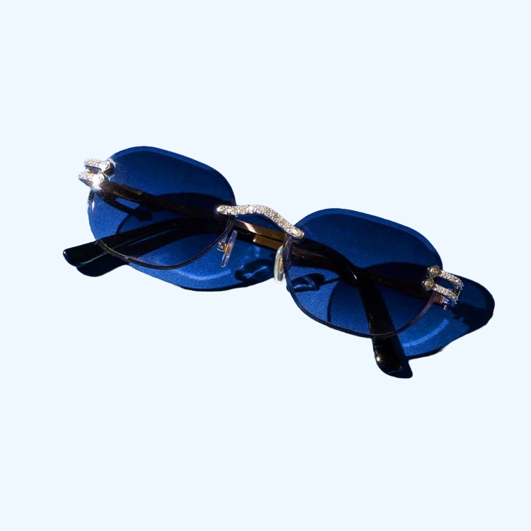 Style Of Unisex Moissanite Diamond And 14Kt Original Gold Frame With Dark Blue Glass Rimless Sunglasses